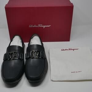 Salvatore Ferragamo Black Leather Driver Loafers Mens 9.5 EE Wide Gancini Italy